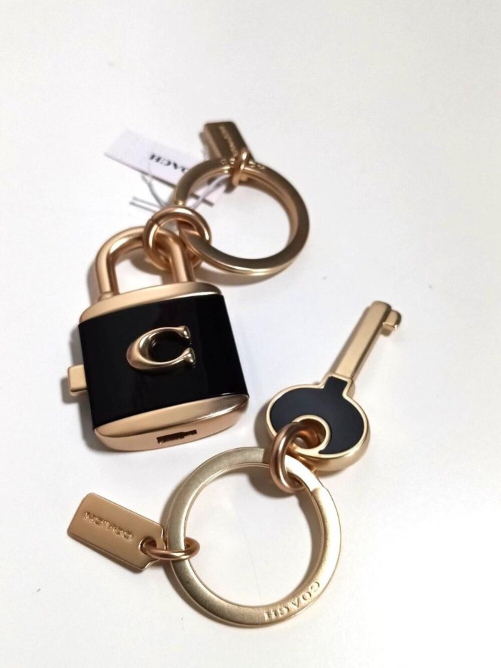 Coach Lock And Key Bag Charm Key Ring Purse Fob C1679 Black Enamel Gold NWT - Picture 6 of 8